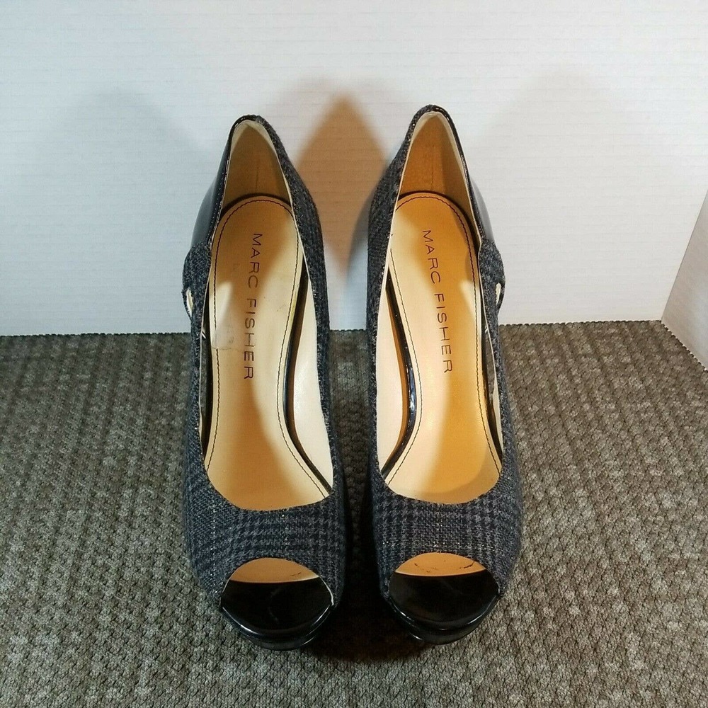 Marc Fisher Black Grey Plaid Peep Toe Pumps US 9.5